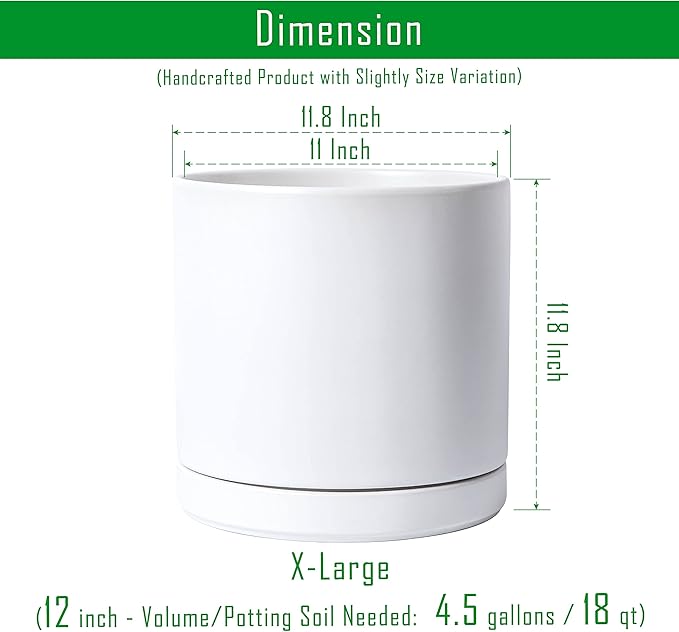 D'vine Dev 12 Inch Ceramic Planter Pot, White, 94-O-F-1 | Modern Cylinder Design, Drainage Hole & Saucer Included, Stable Structure, Elegant Home Accent