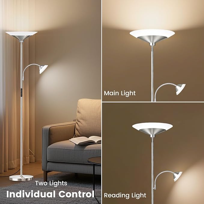 SIBRILLE Metallic Sliver Torchiere Floor Lamp, 2 Way 72'' Dimmable LED Standing lamp with Rmote, Multi Color Temps, 34W Tall Light with Independent Control for Living Room Bedroom Office Reading ﻿