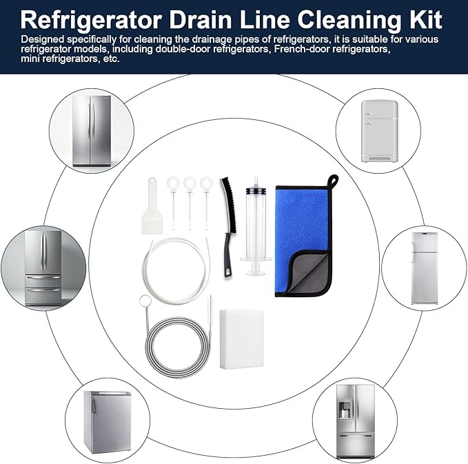 XANGNIER 10 Pcs Refrigerator Water Line Cleaning Kit,Refrigerator Drain Cleaner Tool–55.6 Inch Flexible Drain Brush,Syringe,Unclog Fridge&Ice Maker Cleaner Tools for Ice Dispenser,Sink,AC Drain Line