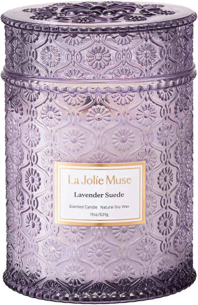 LA JOLIE MUSE Lavender Suede Scented Candles for Home,19 oz Natural Soy Wax | Large Jar Luxury Candle, Clean Non Toxic, Gift for Women & Men, Relaxing Aromatherapy, Decorative Purple Candles, Wood Wick