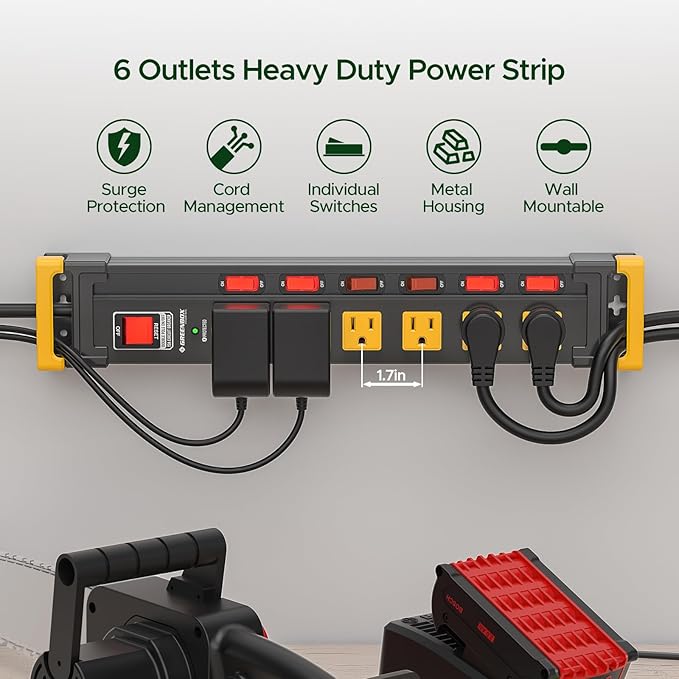 6 Outlet Heavy Duty Metal Power Strip with Individual Switches,3300J Surge Protector Mountable Power Strip,6FT Cord Management,Recessed Wide-Spaced,ETL Listed(15A/1875W)