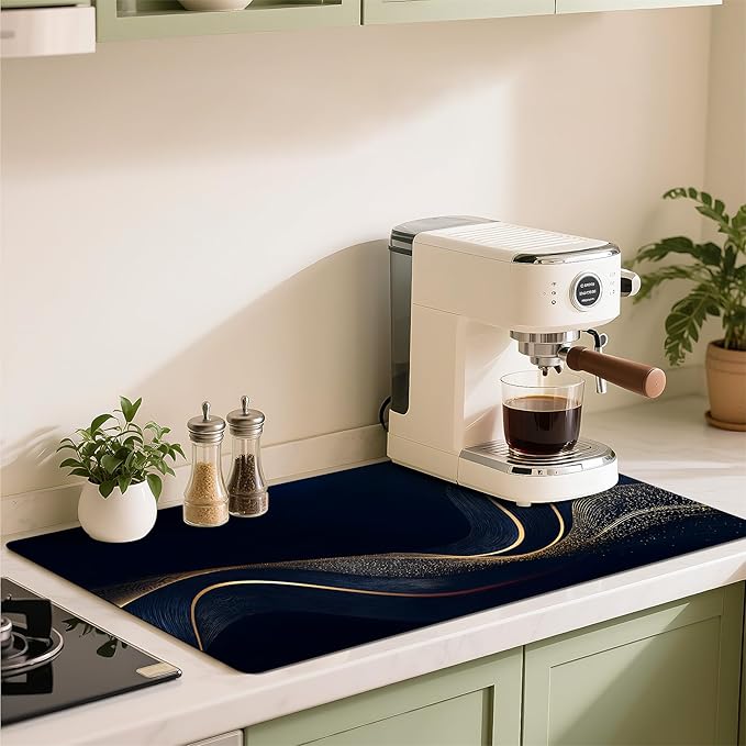 Coffee Mat 17"x32" - Extra Large Absorbent Non Slip Dish Drying Mat,Coffee Bar Accessories,Kitchen Counter Protector for Coffeemaker, Sink, Dining Decor (Lines)