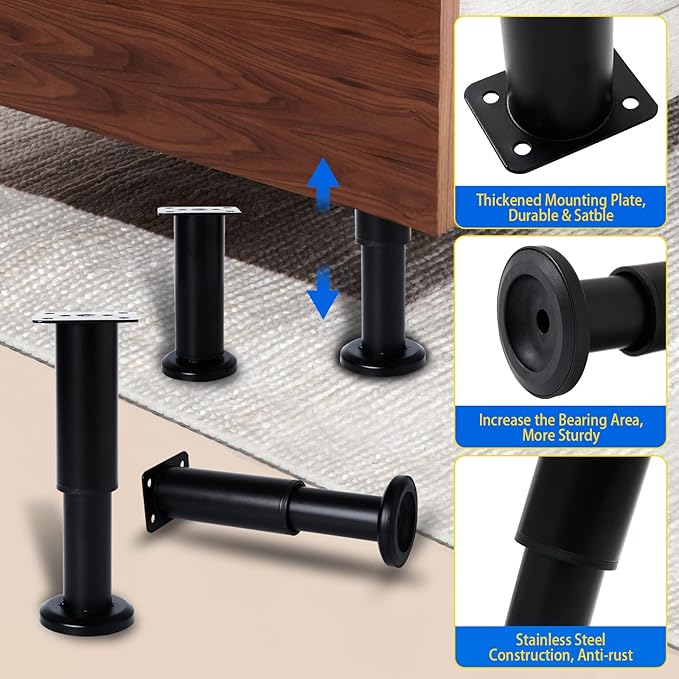 6 PCS Adjustable Furniture Couch Cabinet Legs 4.72-7.48 Inch, Heavy Duty Adjustable Height Replacement Legs for Dresser/Sofa/Bed/Chair, Legs for Furniture Set of 6 (Black)
