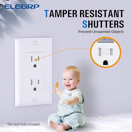 ELEGRP Decorator Wall Receptacle Outlet, Tamper Resistant 15 Amp Standard Electrical Wall Outlet, Residential Grade, Self-grounding, 125V, 2 Pole 3 Wire, 5-15R, UL Listed, Glossy White, 5 Pack