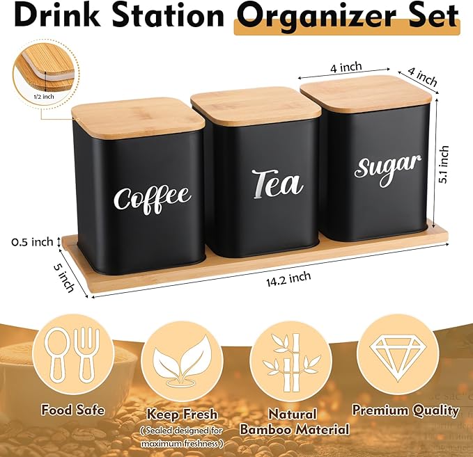 Tioncy Coffee Tea Sugar Container with Tray Set of 3 Airtight Metal Canister with Bamboo Lid Tray for Kitchen Counter Dining Room Farm House Kitchen Style Drink Station Organizer Set (Black)