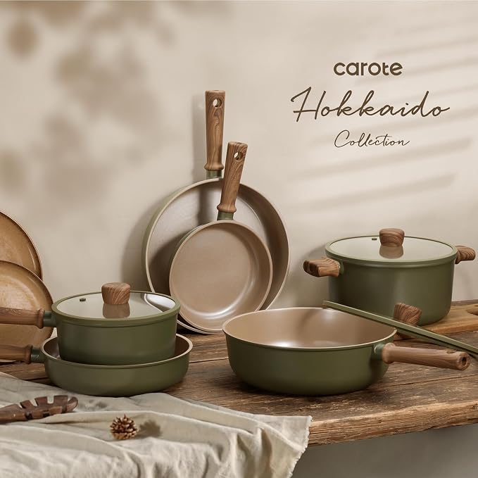 CAROTE 21pcs Ceramic Cookware Set, Pots and Pans Set, Green | Non-Toxic Healthy Kitchen Cooking Set, Easy Clean, Even Heating, Fit All Stovetops, with Silicone Lids, PFAS FREE