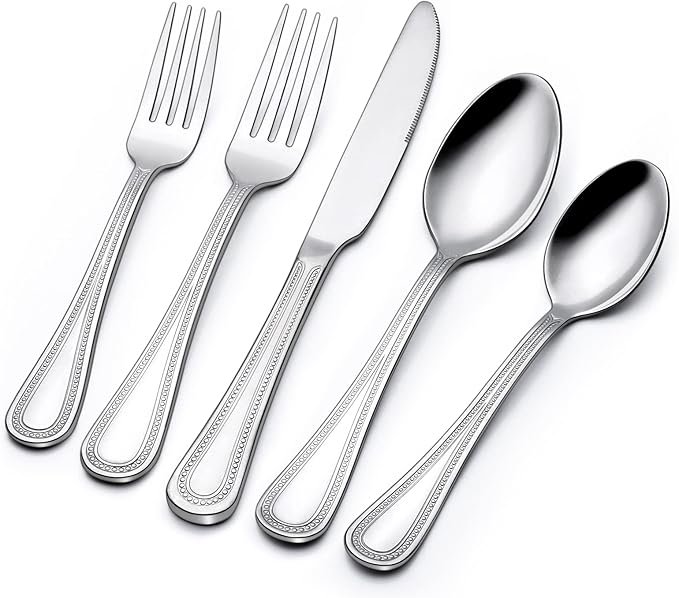 Terlulu 60-Piece Silverware Set for 12, Stainless Steel Flatware, Mirror Polished Cutlery Set, Utensils Include Spoons, Forks, Knives for Home, Restaurant, Beaded Handle, Dishwasher Safe