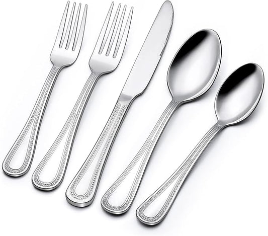 Terlulu 60-Piece Silverware Set for 12, Stainless Steel Flatware, Mirror Polished Cutlery Set, Utensils Include Spoons, Forks, Knives for Home, Restaurant, Beaded Handle, Dishwasher Safe
