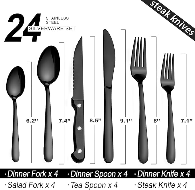 Pleafind 24Pcs Black Silverware Sets for 4 - Dishwasher Safe, Flatware Set with Steak Knives, Stainless Steel Cutlery Set, Include Forks Spoons and Knives Set, Utensil Sets for Home Restaurant