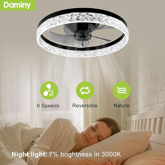 DAMINY 20inch Black Ceiling Fans with Lights and Remote, 6CCT, Dimmable Smart Low Profile Ceiling Fan with Light, 6 Speeds Flush Mount Modern Bladeless Ceiling Fan for Bedroom