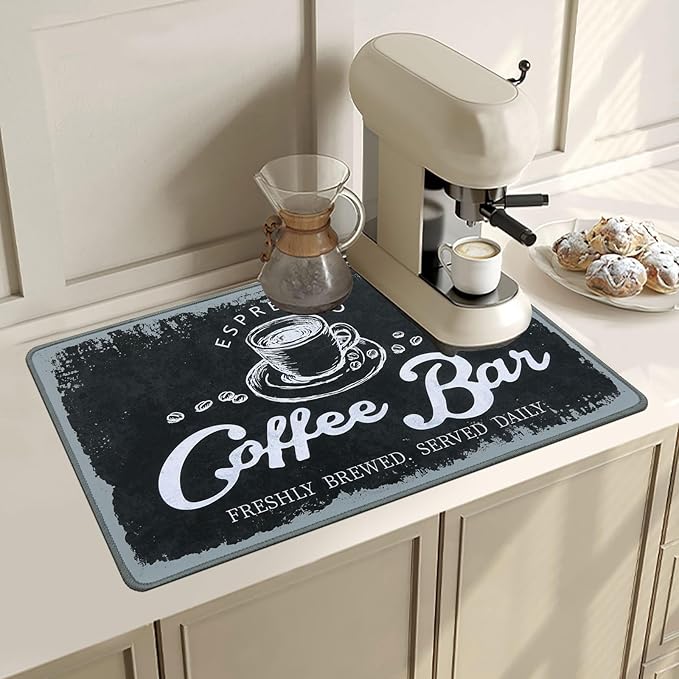 SHACOS Coffee Mat 2-Pack 12x19 Inch Absorbent Non Slip Coffee Maker Mats for Countertop Coffee Bar Accessories Dish Drying Mat Waterproof Heat Resistant, Vintage Black