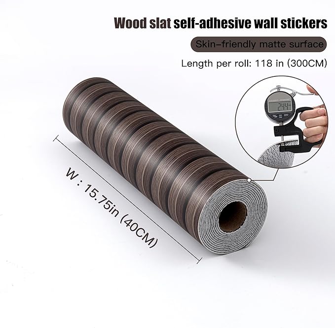 Peel and Stick PVC Slat Wall Panels, Wood Grain Self-Adhesive Soundproof Moisture-Resistant Paneling, 3D Faux Wood Panels for Bedroom Bathroom Walls & Ceilings 118"x15.75"(Dark Walnut,13Sq.ft)