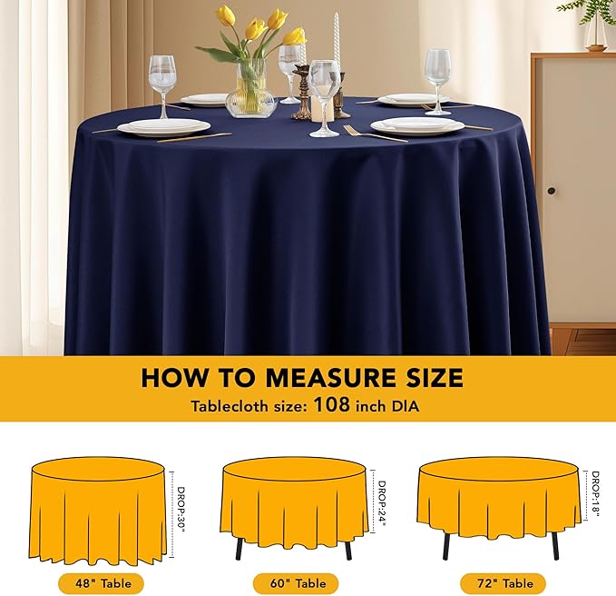 6-Pack Navy Blue Round Tablecloths, 108 Inches, Stain-Resistant Polyester for 4-5 Ft Round Tables - Washable Table Covers for Weddings, Banquets, Birthday Parties, Events