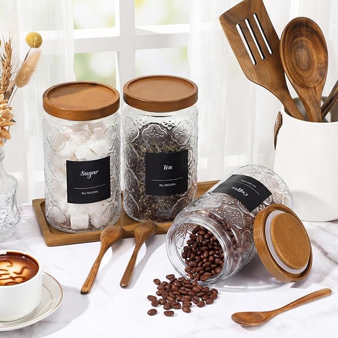 3 Pcs Glass Coffee Container Set with Wooden Lid Spoon Shelf Labels Clear Sugar Tea Airtight Jar Food Storage Canisters Set for Spice Holder Coffee Bar Gifts(Begonia,32 oz)