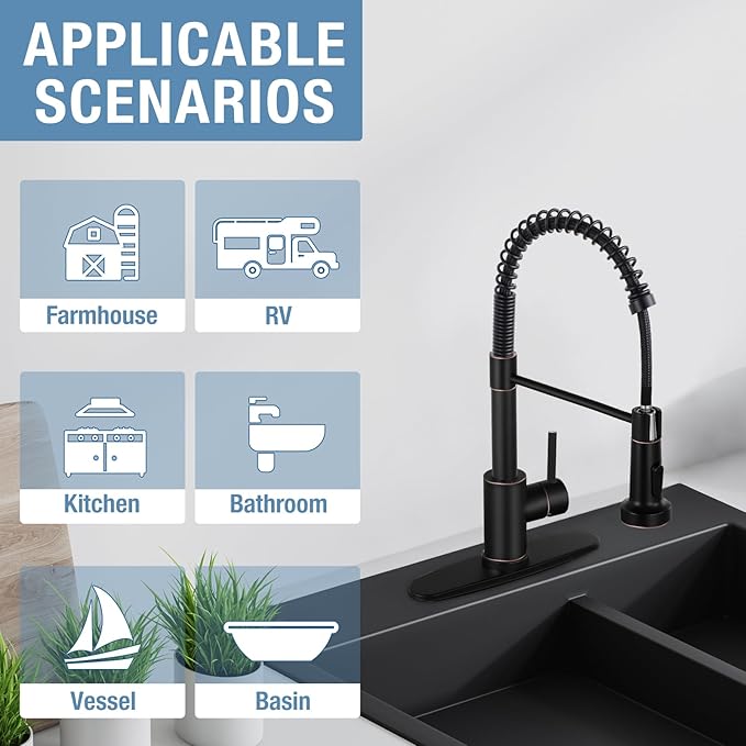 DJS Kitchen Faucets with Pull Down Sprayer Oil Rubbed Brozone -Single Handle 1 or 3 Holes Spring Kitchen Sink Faucet with Deck Plate for Farmhouse RV Vessel Basin