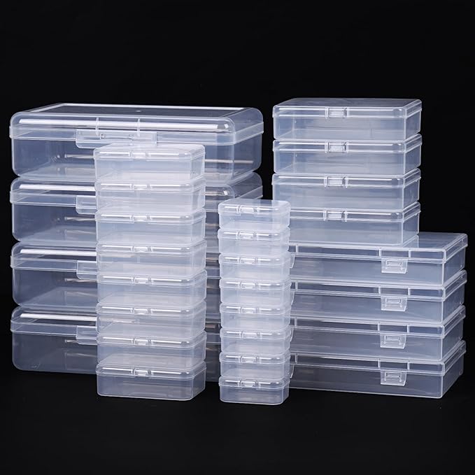 QUEFE 28 Pack Small Storage Containers Mixed Sizes Clear Plastic Boxes Craft Organizers Rectangular Bins with Lids for Small Items Bead Art Craft Jewelry Projects
