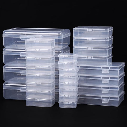 QUEFE 28 Pack Small Storage Containers Mixed Sizes Clear Plastic Boxes Craft Organizers Rectangular Bins with Lids for Small Items Bead Art Craft Jewelry Projects