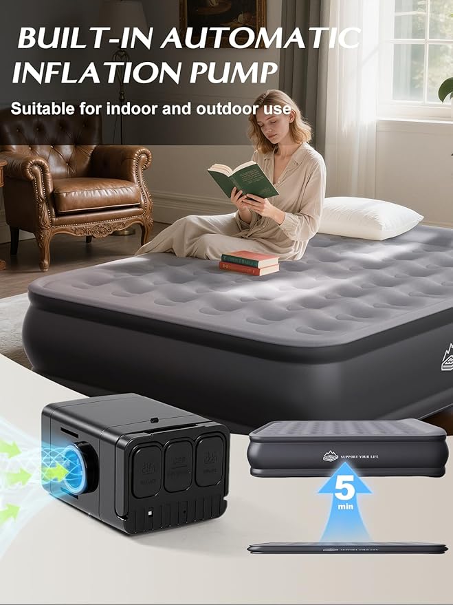JUITOY Queen Air Mattress with Built in Pump, 18" Upgraded One-Touch Inflatable Airbed for Home, Camping Guests, Portable Blow Up Mattress, 770lbs Capacity