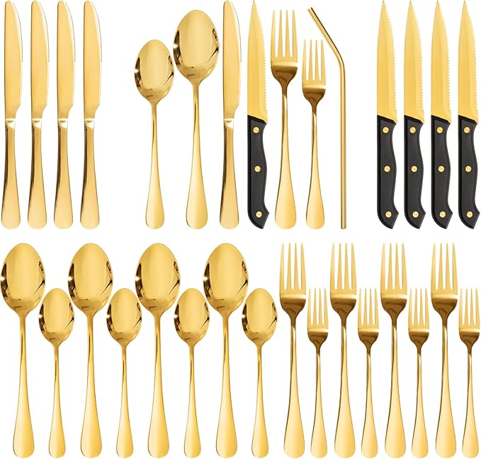 Astercook 24-Piece Silverware Set with Steak Knives Gold Flatware Set for 4 Food-Grade Stainless Steel Cutlery Set Mirror Polished Utensils Set Include Spoons and Forks for Home Gifts for Women