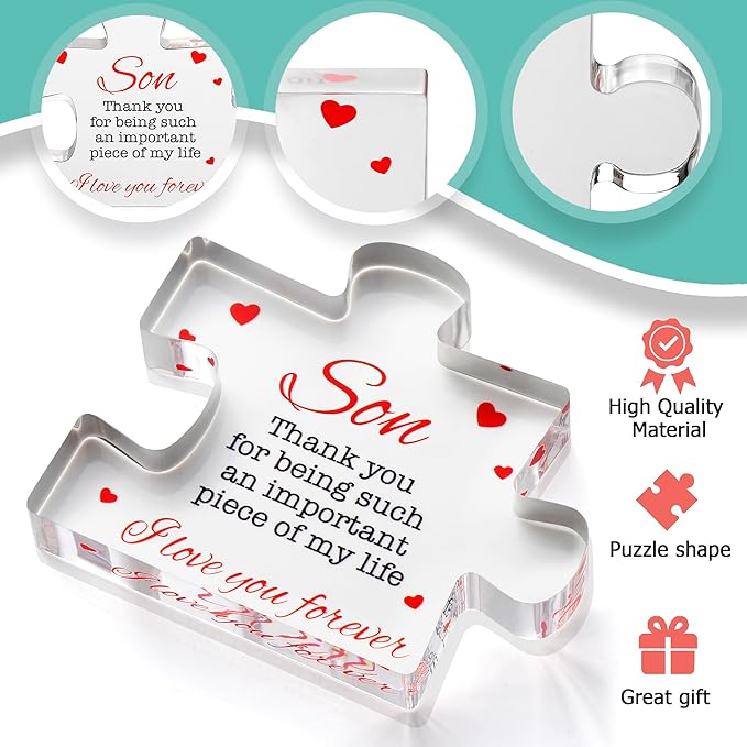 VELENTI Gifts for Son - Engraved Acrylic Block Puzzle Son Gift 3.35 x 2.76 inch - Son Thank You Gift from Mom and Dad - Son Birthday Gift - Christmas, Graduation Gift for Men, Boys
