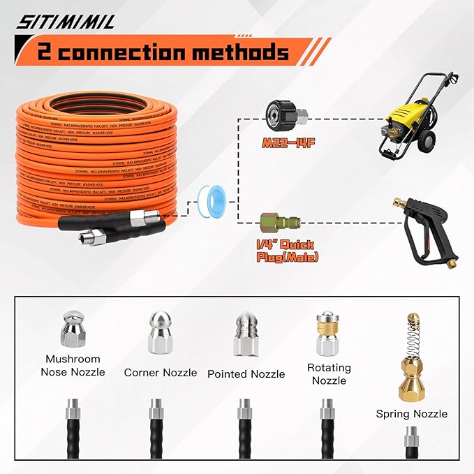 Sewer Jetter Kit for Pressure Washer 100FT,5800psi Drain Cleaner Hose 1/4 Inch Npt Corner, with 5 Sewer Jetting Nozzles Sealing Tape Pearl Corsage Pin Spanner Glove Drain Snake