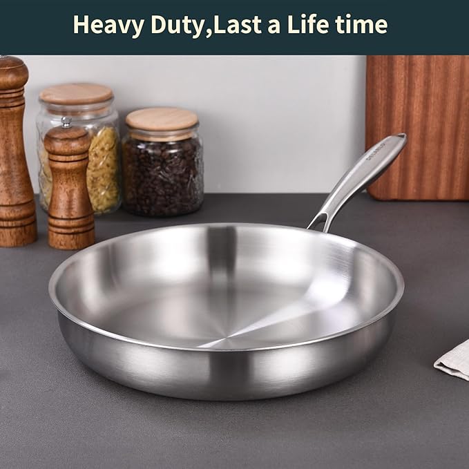 DELARLO Tri-ply Stainless Steel Frying Pan with Lid 8 Inch | Compatible with All Cooktops Up to 600℉, Heavy Duty, Fast & Even Heat, 18/10 Stainless Steel