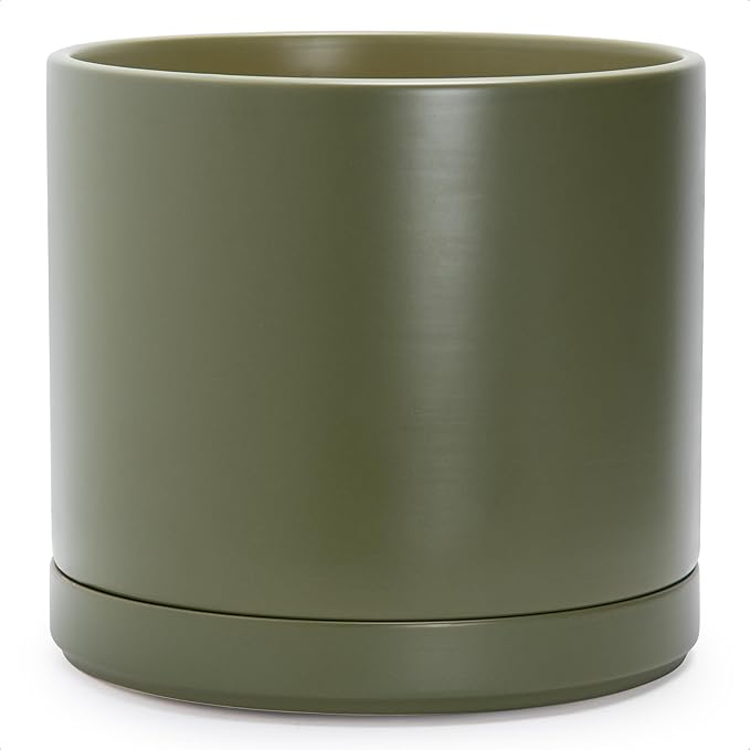 D'vine Dev 14 Inch Ceramic Planter Pot, Olive, 94-O-G-J | Modern Cylinder Design, Drainage Hole & Saucer Included, Stable Structure, Elegant Home Accent