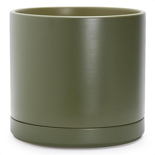 D'vine Dev 14 Inch Ceramic Planter Pot, Olive, 94-O-G-J | Modern Cylinder Design, Drainage Hole & Saucer Included, Stable Structure, Elegant Home Accent