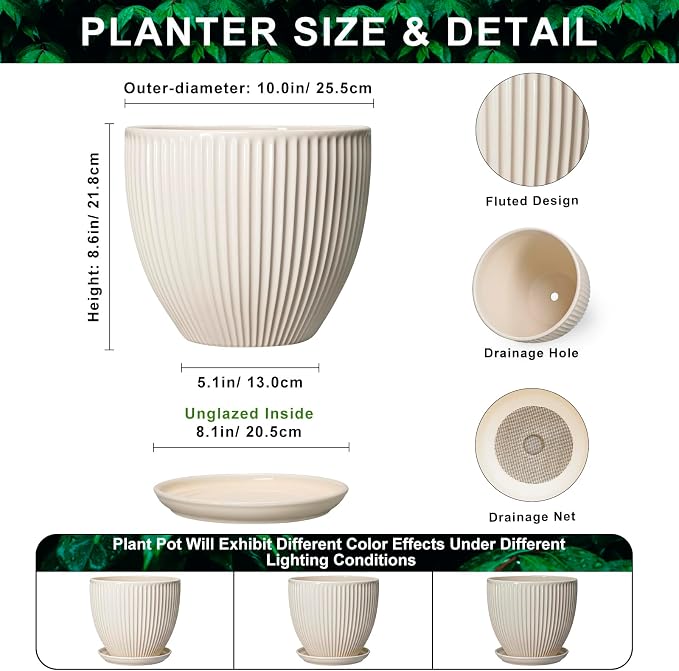 Ceramic Plant Pots, 10 Inch Pots for Plants with Drainage Hole and Saucer, Round Flower Pot for Indoor Plants, Decorative Indoor Planter, House Porch Decor, House Warming Gifts, Cream White