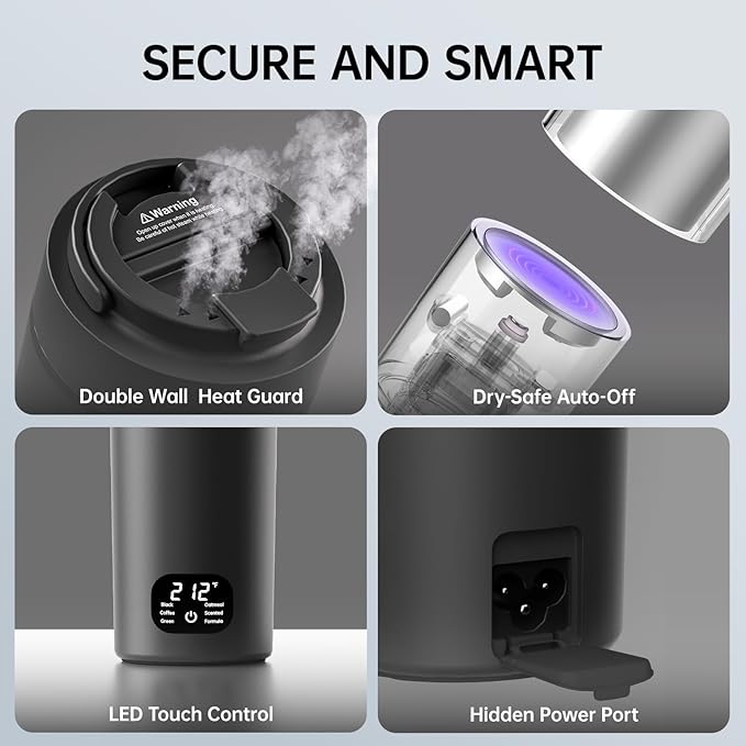 HDQ 2026 Travel Kettle, 110V~240V Any Voltage Portable Kettle for Travel, 6 Temperature Controls Portable Water Heater, 316 Stainless Steel Small Electric Kettle, Auto Shut Off (Grey)