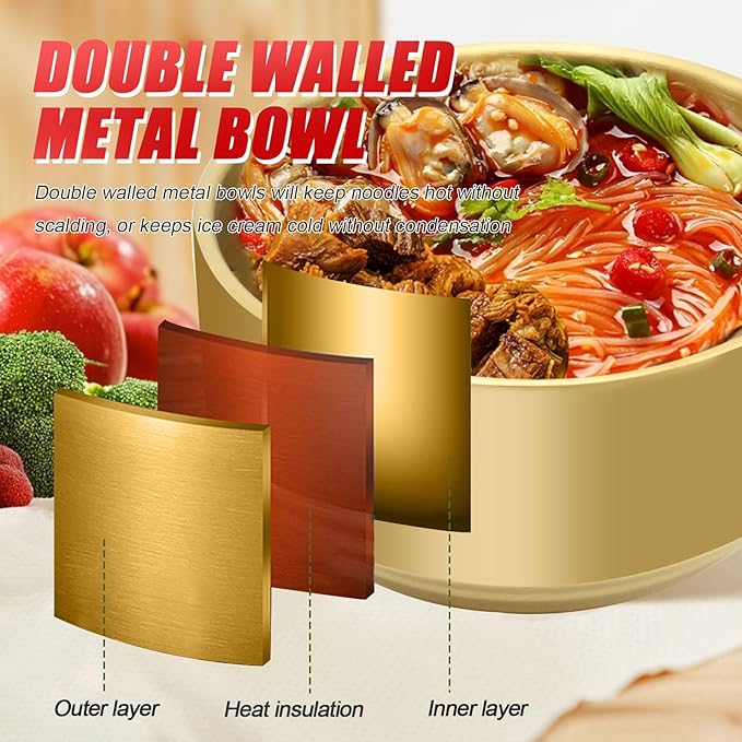 Stainless Steel Rice Bowl with Lid, Set of 2, for Korean Kitchen Restaurant, Double-walled Metal Bowls, Multi-Purpose Insulated Soup Bowls Snacks Bowls (11.5cm Gold)