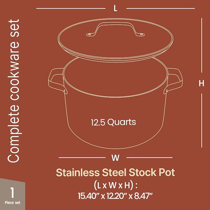 Bakken 12.5 Quart Ceramic Coated Stock Pot with Lid, Easy Clean Nonstick Pot, Tempered Glass Lid, Riveted Stainless Steel Handles, Oven Safe Up To 500°F, PTFE & PFAS Free, All Stove Compatible, Cream