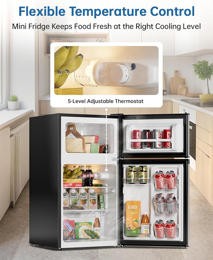 3.2 Cu Ft Mini Fridge with Freezer - Energy Efficient, Double Door Upright Freezer for Bedroom, Office & Dorm | Small Fridge, Glass Shelves,Interior Light,ETL Certified,etc(Silver)