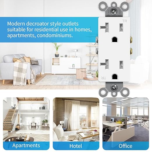 Micmi Decorator Receptacle Outlet, Standard Electrical Wall Tamper Resistant Decorative Receptacle Outlet, 20 Amp 125 Volt, Grounding UL Listed (10Pack, White, 20 Amp Outlet)