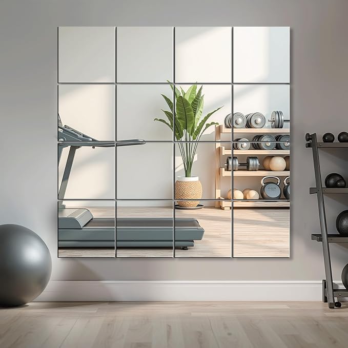 Delma Home Gym Mirrors, 12'' x 12'' Glass Mirror Tiles, 16 PCS | Square Large Wall Mirror, For Home Gym, Bedroom, Door, Bathroom, Frameless Mirror Sets