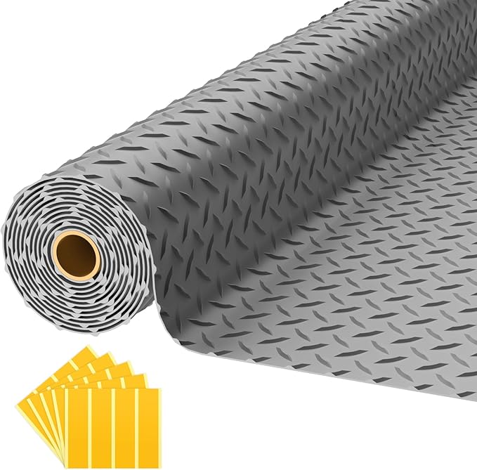 8x20 FT Garage Floor Mat, 2.8mm Thickened PVC Flooring Roll for Under Car, 160 SQFT Diamond Plate Gray Garage Mats for Garage, Warehouse, Basement, Gyms, Trailer（Included Tapes）