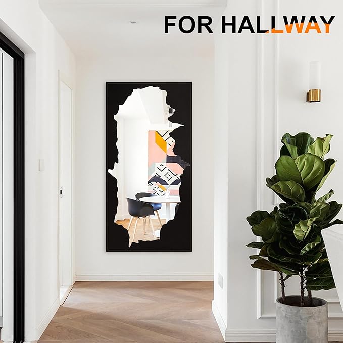 Full-Length Mirror Free Standing Leaning Mirror with Artistic Black Abstract Overlay Deco, 55"x28" Shatterproof Wall-Mounted Mirror, Perfect for Living Room, Bedroom, Cloakroom, and Bathroom Decor
