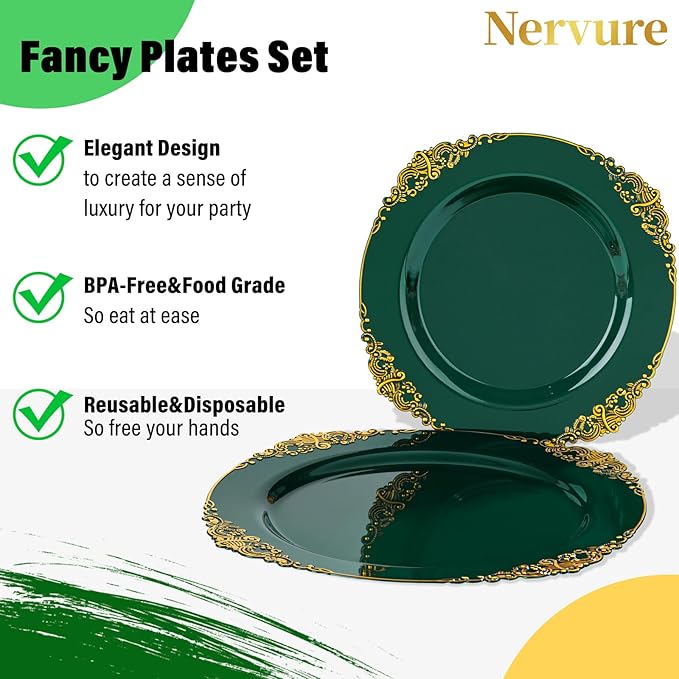 Nervure 350PCS Green Plastic Plates - Green Gold Plastic Dinnerware Sets for 50 Guests - 100 Disposable Plates, 150 Gold Silverware, 50 Cups, 50 Napkins Perfect for Wedding & Party