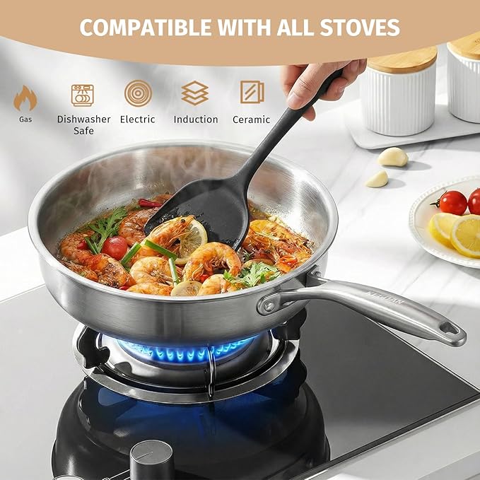 Tri-Ply Stainless Steel Frying Pan Set With Lids, 13pcs Stainless Steel Cookware Set with Detachable Handle, Induction Compatible Skillets for All Stovetops, Dishwasher and Oven Safe, Sliver