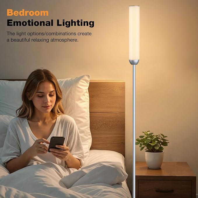 Ambimall LED Floor Lamp with Remote Control, 65" Standing lamp with Stepless Adjustable 3000K-6500K Colors & 30-100% Brightness, Foot Switch(Silver)