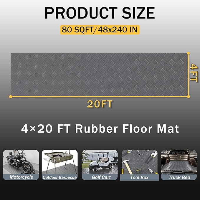 StellarStar 4x20 FT Garage Floor Mat, 2mm Thickened Ribbed PVC Diamond Plate Garage Mat with 20PCS Tapes, Rubber Flooring Rolls for Under Car, Rubber Motorcycle Mat for Golf Cart, Trailer, Gray