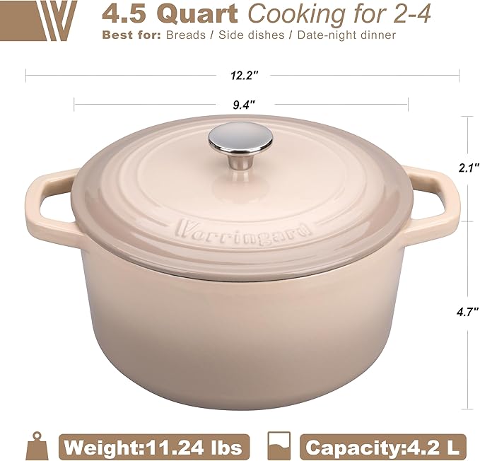 VORRINGARD Enameled Cast Iron Dutch Oven Pot with Lid, for Bread Baking, Round Bread Oven- include Sourdough Bread Baking Supplies Set, 4.5QT, Latte