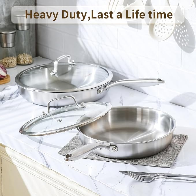 DELARLO Tri-ply Stainless Steel Pan 12 inch & 14 inch Frying Pan with Lid | Heavy Duty, PTFE & PFOA Free, Compatible with Induction, Electric up to 600℉, Fast & Even Heating, Oven Safe Skillet