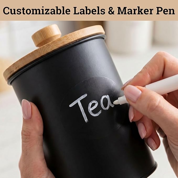 Kitchen Canisters for Countertop Set of 4 with Customizable Chalkboard Labels & Marker Pen - Big Iron Kitchen Canisters with Airtight Lids - Black Canister Set - Flour and Sugar Containers Farmhouse
