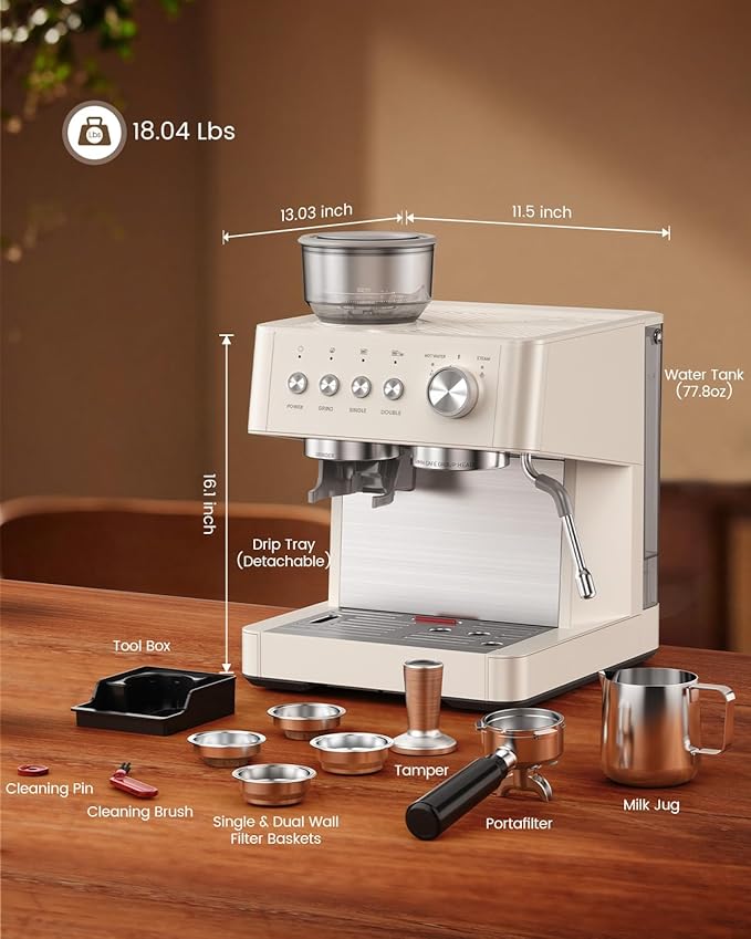 Espresso Machine with Grinder, 15 Bar Expresso Coffee Machines, Professional Coffee Maker for Latte & Cappuccino with Milk Frother, Expresso Machines for Home, Removable Water Tank, Steam Wand-Classic