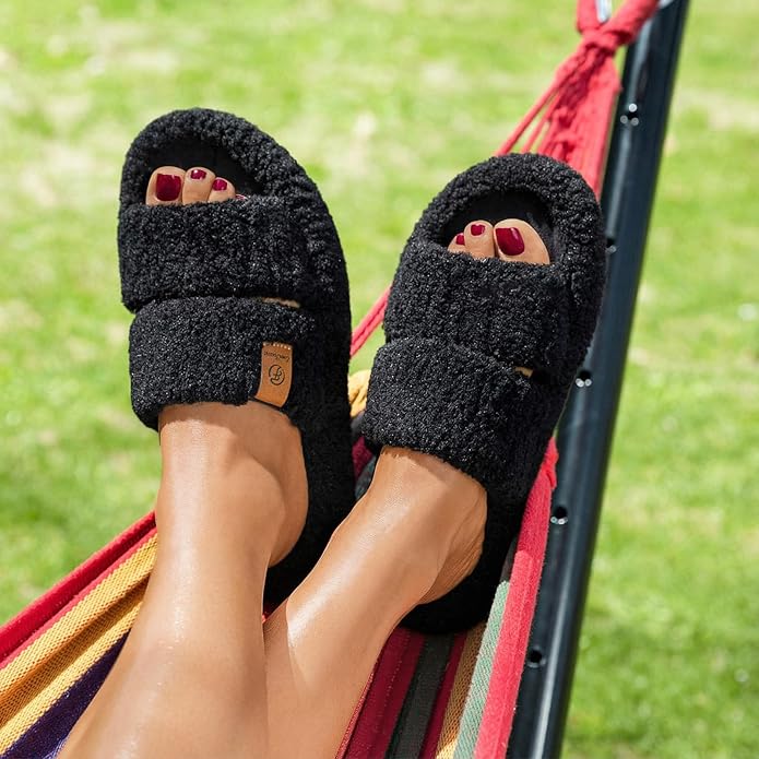 EverFoams Womens Fuzzy Open-toe Slippers Soft Comfy Memory Foam Indoor House Shoes