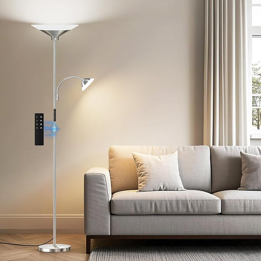 SIBRILLE Metallic Sliver Torchiere Floor Lamp, 2 Way 72'' Dimmable LED Standing lamp with Rmote, Multi Color Temps, 34W Tall Light with Independent Control for Living Room Bedroom Office Reading ﻿