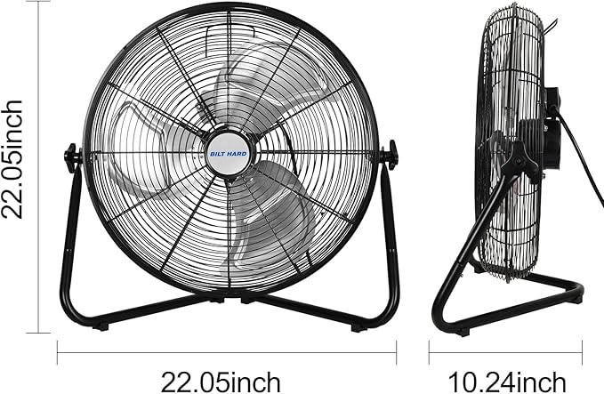 BILT HARD 20 Inch Heavy Duty Floor Fan - 4650 CFM High Velocity, 3-Speed with Wall-Mounting System, Industrial Shop Fan for Commercial, Garage, and Greenhouse