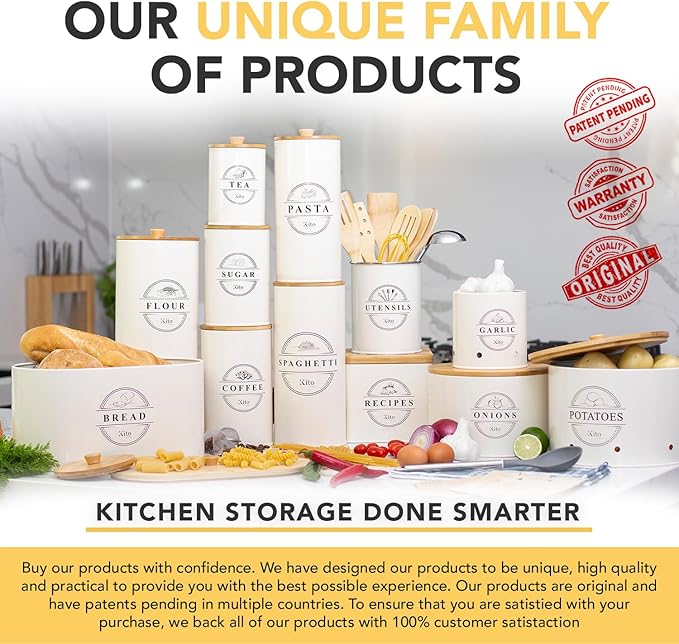 Kito LIVING Canisters Sets for Kitchen Counter Storage and Organization with Wooden Bamboo Lids, Food Pantry Containers, Stackable Steel Storage Bins, Airtight Sugar Tea Coffee Canisters - Cream