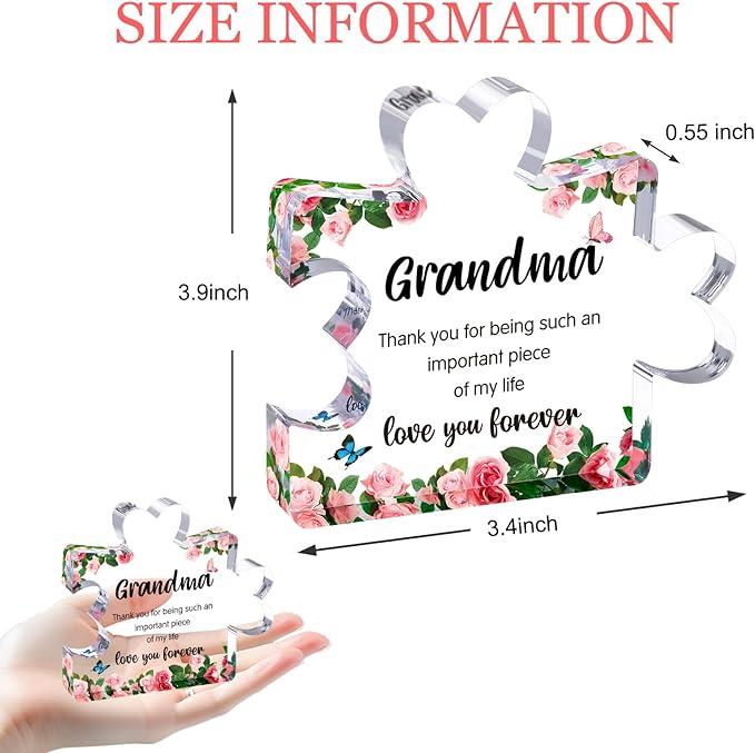 Mothers Day Mom Gifts for Grandma from Granddaughter Grandson - Cute Engraved Acrylic Block Puzzle Piece - Mother's,Christmas,Birthday, Anniversary Home Office Desk Presents Ideas for Women Her